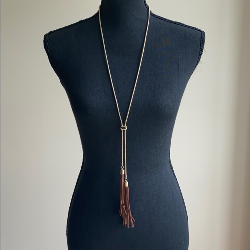 Gold and leather tassel statement necklace